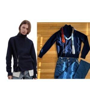 Zara 100% Wool Zip-Detail Mock Neck Sweater in Navy - Size M